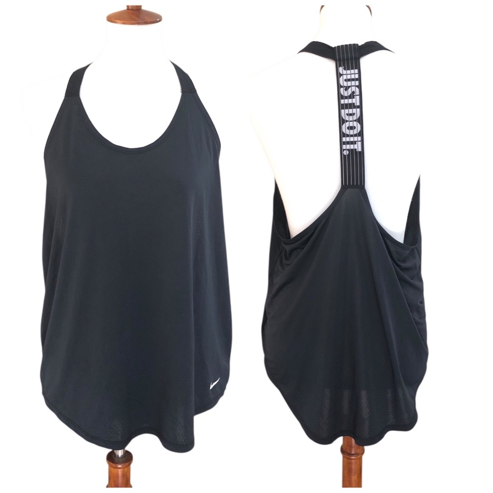 NIKE Womens Dri-Fit Elastika Just Do It Strappy Mesh Tank Black Sz Large